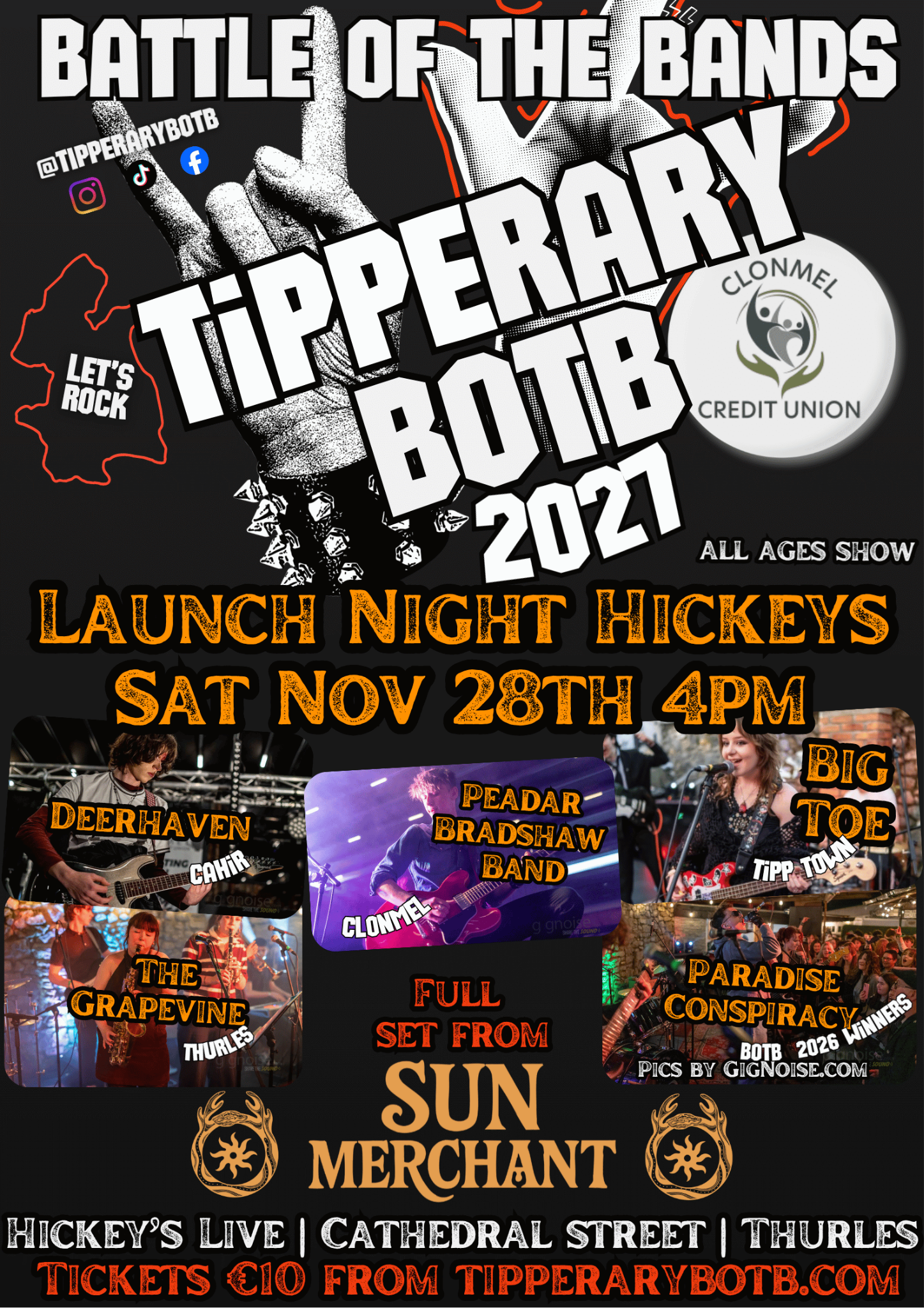 2027 Battle of the Bands launch night poster at Hickey's, Saturday November 28 at 4pm, featuring local acts